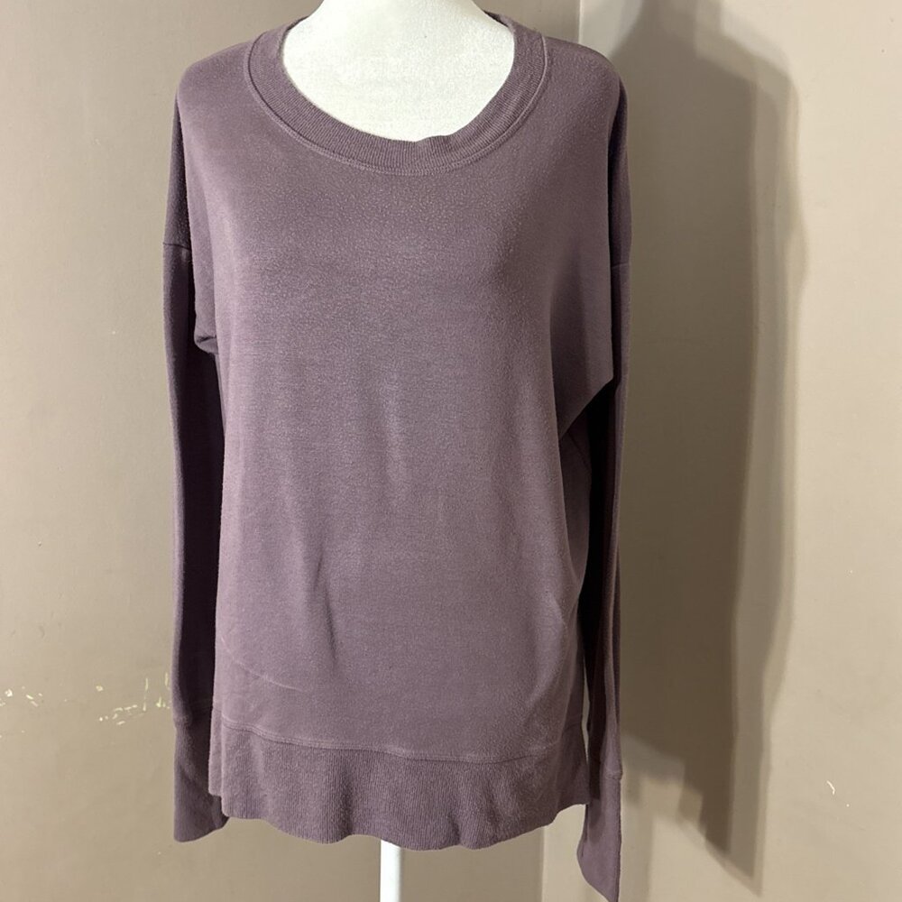 Athleta Cozy Mauve Crewneck Sweatshirt 6.5" Side Slits Thumb Holes Boxy Sz S O/S